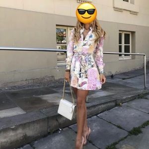 Zara Floral Linen Tie-waist Floral Shirt dress xs
